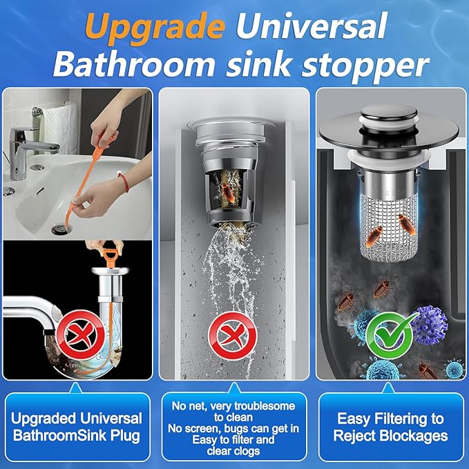 Bathroom Sink Drain Strainer,(2PCS) Pop-up Sink Drain Strainer with Removable Stainless Steel Strainer Basket Hair Catcher, Bathroom Sink Strainer for Bathroom Sink Stopper Replacement