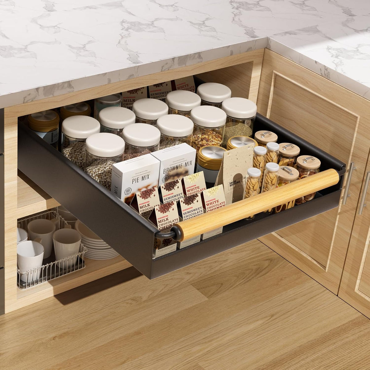 Pull Out Cabinet Organizer, 15.3'' Deep Expandable Slide Out Cabinet Organizer Fixed with Adhesive Nano Film, No Drill Slide Out Drawers Pull Out Tray for Cabinet in Kitchen, Pantry, Bathroom, Black
