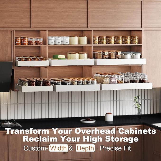 Fokyfok Pull out Cabinet Organizer,Width (11"-18") and Depth (10"-13") Expandable,No Drill Adjustable Slide out Drawers for Pantry,Adhesive Roll out Shelves Short,for upper cabinet,White（1PC）