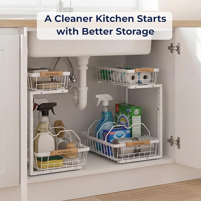 Under Sink Organizer with Motion-Activated LED Lights, 2 Pack, 2 Tier Sliding L-Shaped Carbon Steel Rack with Adjustable Height, Dividers & Hooks (White)