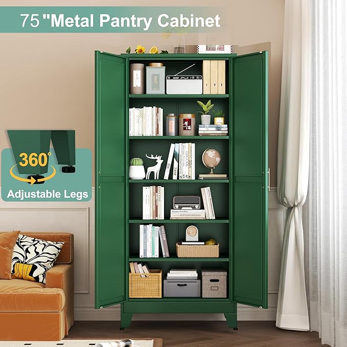 Metal Pantry Cabinet with 2 Doors and 5 Adjustable Shelves, 75"Kitchen Storage cabinets with Gold Handles, Versatile Storage for Laundry Room, Living Room, Bathroom, Dinning Room, Utility Room-Green