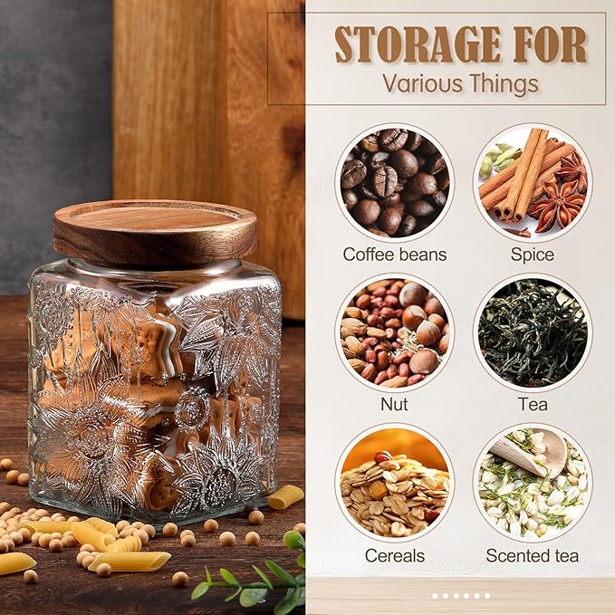 Suclain 5 Pcs Sunflower Vintage Glass Jars with Bamboo Airtight Lid 17/24/34 oz Glass Food Containers Storage for Kitchen Counter Pantry Sugar Flour Coffee Tea Candy Oats Cereal(Square)