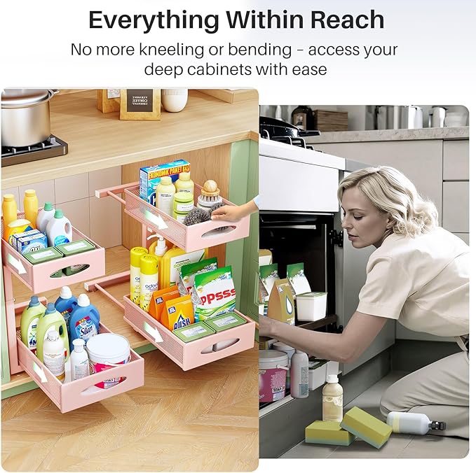 Under Sink Organizer, 2 Tier Pull out Cabinet Organizer Baskets with Mesh Sliding Drawers, Slide out Storage Shelf for Home, Kitchen, Bathroom, Pantry, Office Cabinet(1 Pack, Pink)