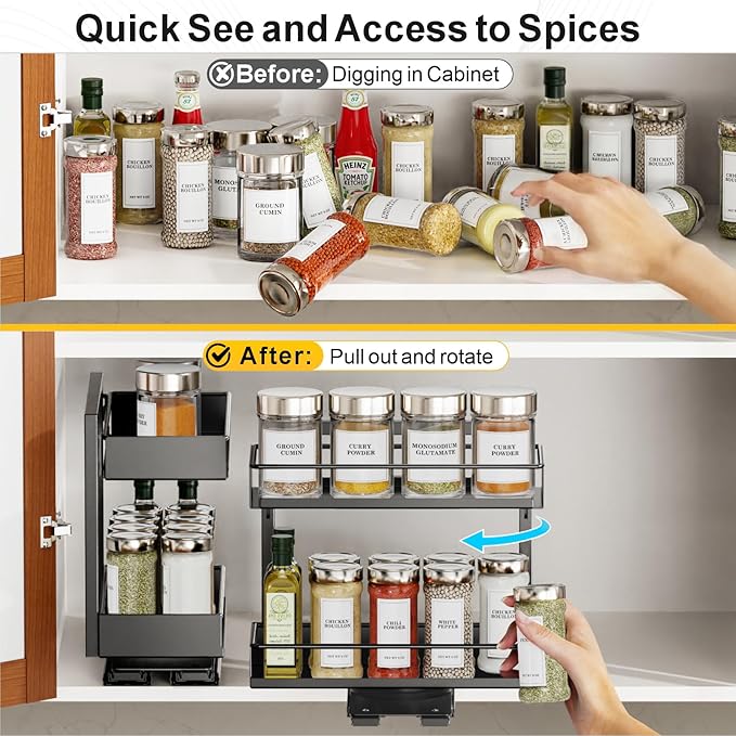 iSPECLE Pull Out Spice Rack - 2 Pack Rotate Peel and Stick No-Drill Vertical Spice Rack Organizer for Cabinet Easy Access Spices, Adjust Height for 4oz to 8oz Spice Jars Inside Kitchen Pantry Cabinet