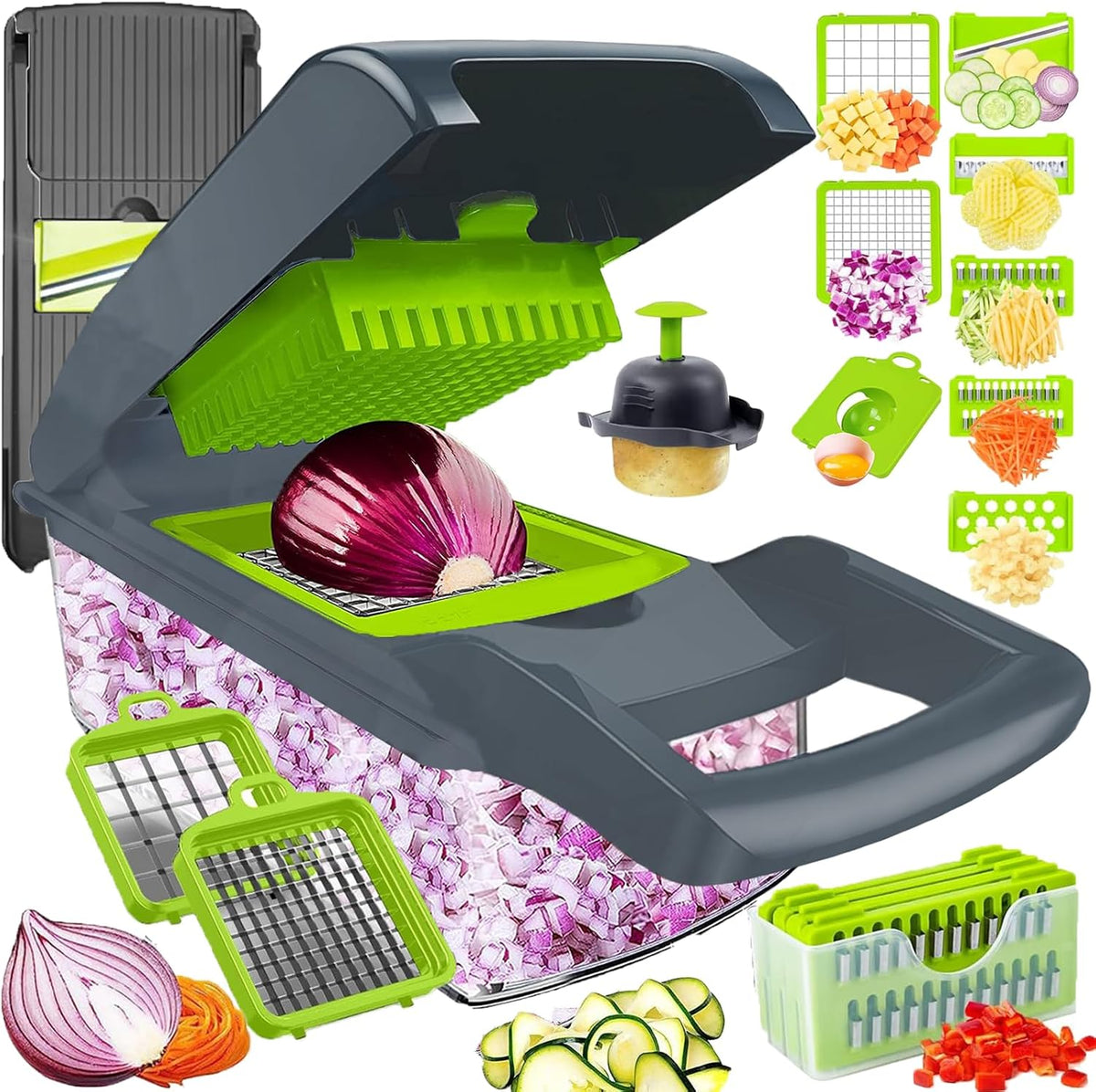 Vegetable Chopper Dicer with Container | Cheese Grater Mandoline Slicer Cabbage Shredder French Fry Cutter Stainless Steel for Veggie Onion Potato Fruit Food, Manual Hand Cooking Gadget for Kitchen