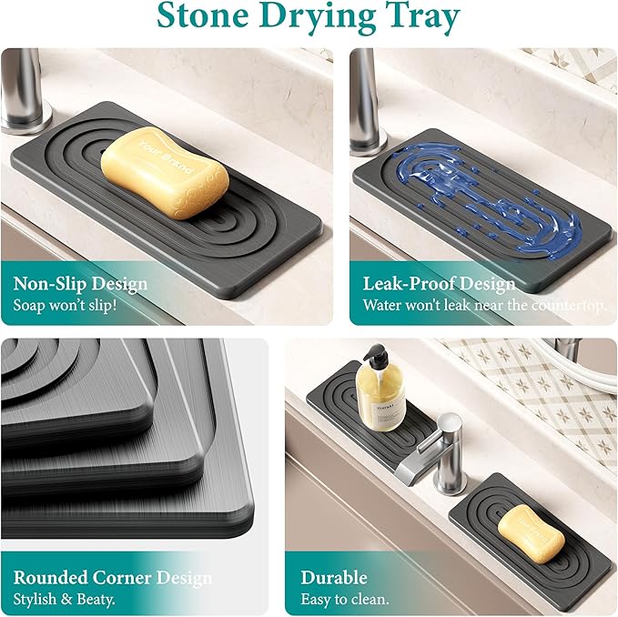 Water Absorbing Stone Tray, Quick Drying Diatomite Bathroom Tray Countertop, Stone Drying Mat for Kitchen Counter, Soap Dish Dispenser Vanity Organizer, Dark Grey-A-12.2" x 4"