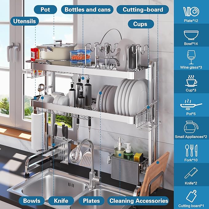 LIVOD Over The Sink Dish Drying Rack,3 Tier Adjustable Length Full Stainless Steel Large Storage Kitchen Dish Rack,for Kitchen Counter Expandable Multifunctional Organizers,Silver (25.98-37.6")