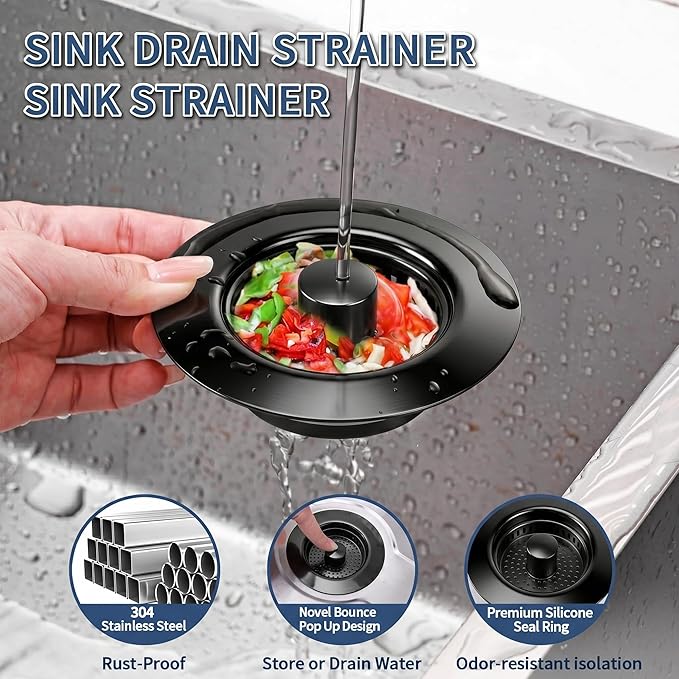 3-in-1 Kitchen Sink Drain Strainer & All-Purpose Sponges, 304 Stainless Steel Sink Stopper Pop-Up Drain Plug with Anti-Clogging Food Catcher Basket, Odor Blocker, Fits US Standard 3-1/2 Inch Sinks