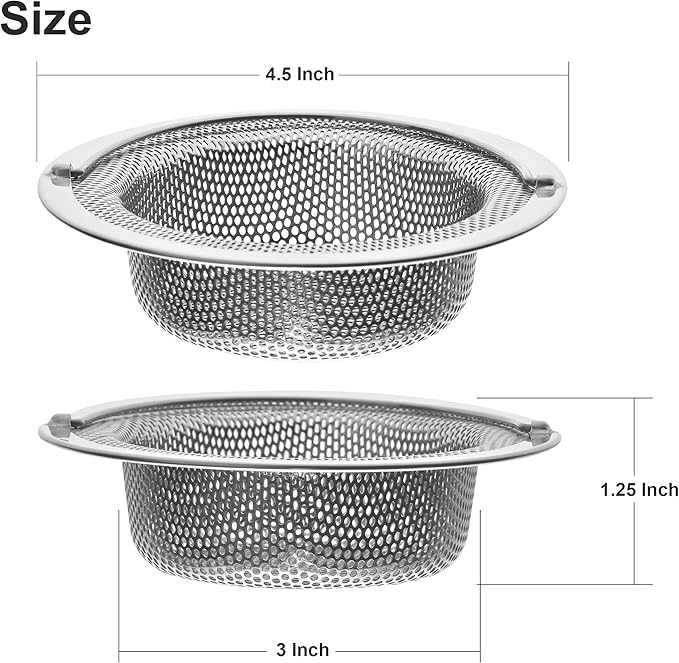 2 Pack - 4.5" Top / 3" Basket - Kitchen Sink Drain Strainer Stainless Steel Large Basket Food Catcher with Handle. Fast Flow and Effective 2/16" Holes
