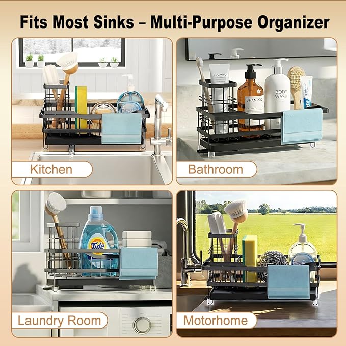 Sponge Holder for Kitchen Sink, Self-draining Sink Organizer with Towel Rack and Brush Holder, Metal Kitchen Sink Organizer for Countertop, Black