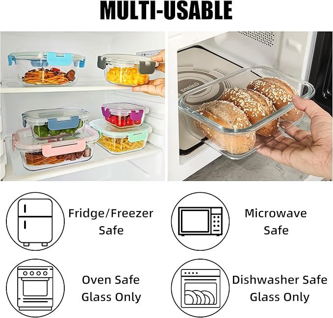 12 Pack Glass Food Storage Containers Set, Glass Meal Prep Containers with Lids, Airtight Lunch Containers, Dishwasher Safe, mint green