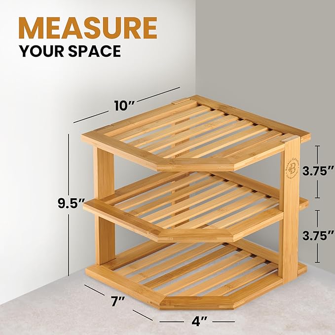 Bambüsi Plate Organizer for Cabinet - 3 Tier Bamboo Corner Shelf Cabinet Organizer for Plates Bowls Mugs Cups, Kitchen Organization, Space Saving Countertop Shelf, Small Spaces, 10 x 10 x 9.5 Inch