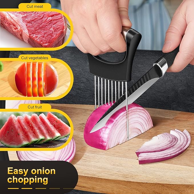 Premium Onion Slicer, Stainless Steel Onion Holder for Slicing, Kiwifruit, Tomatoes, Avocados, Eggs, Lemon, Meat, Potato, Third Generation Onion Cutter with Protective Cover