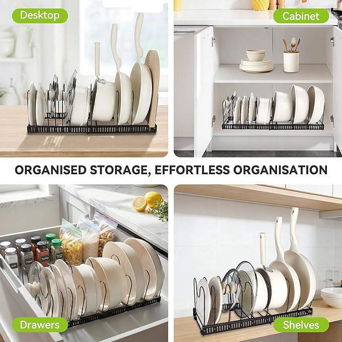 Fyvva Pots and Pans Organizer under Cabinet, Expandable 11.81''-22.83'' Pot and Pan Organizer, Pot Lid Organizer with 14 Adjustable Dividers for Lids, Baking Trays, Skillets (Black, 14 Dividers-A)