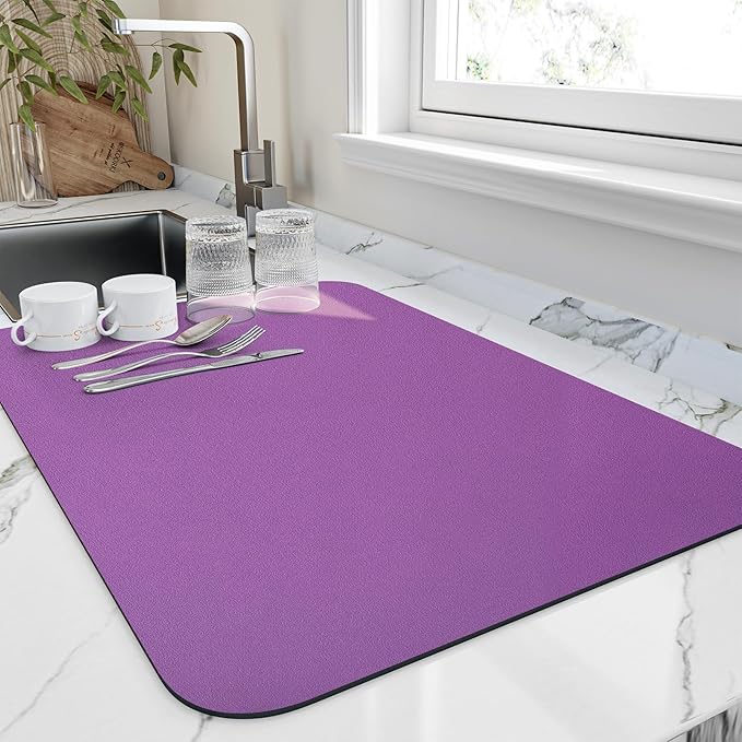 HotLive Dish Drying Mat for Kitchen Counter, Heat Resistant Drainer Mats with Non-slip Rubber Backed, Hide Stain Kitchen Super Absorbent Draining Mat, Easy to Clean Dish Rack Pad, Purple 18"x28"