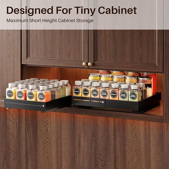 SNTD Pull Out Spice Rack for Upper Cabinet - Expandable Organizer with Smooth Ball Bearing Slides, No Drill Mounting Spice Storage for Kitchen (2 Pack, 7.2" to 12.9" W X 10" D X 2.2" H)