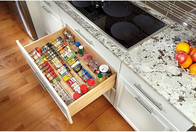 Rev-A-Shelf 22" 3 Tiered Seasoning Organizer, Trim-to-Custom-Fit Wooden Kitchen Draw and Cabinet Home Storage Insert, Pull Out Spice Rack, Maple, 4SDI-24