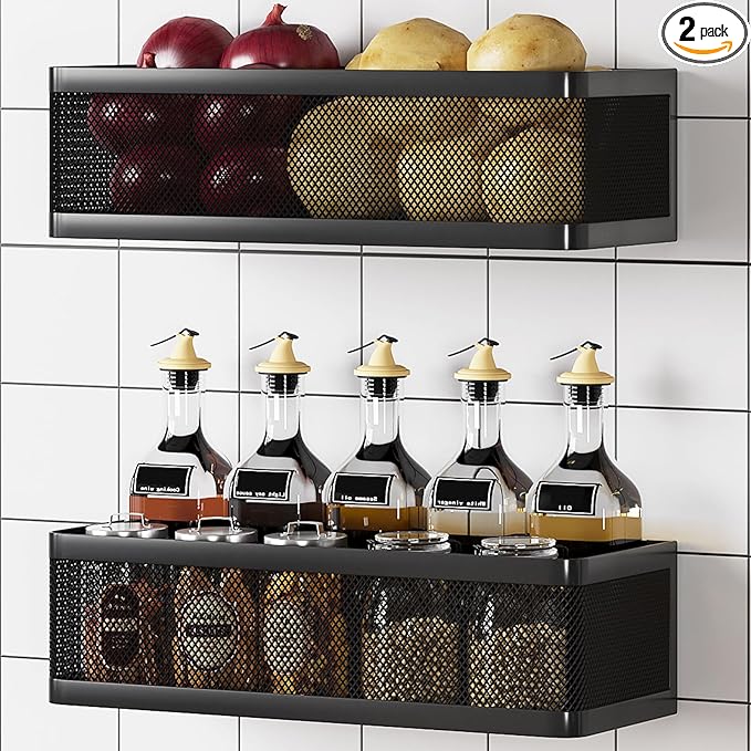 Heavy Duty Spice Rack Wall Mount - 2-Tier Metal Hanging Storage Baskets with Adhesive & Screw Options, Space Saving Spice Organizer for Kitchen, Pantry, Bathroom (2 Pack, Black)