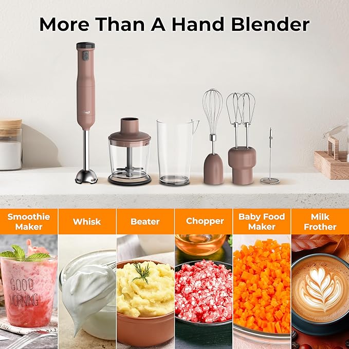 Rosewill 6-in-1 Multi-Speed Cordless Rechargeable Immersion Hand Blender, Heavy Duty Motor - Stick Blender, Beaker, Whisk, Chopper, Dual Beater, Milk Frother - For Smoothies, Baby Food, Soup - Mocha