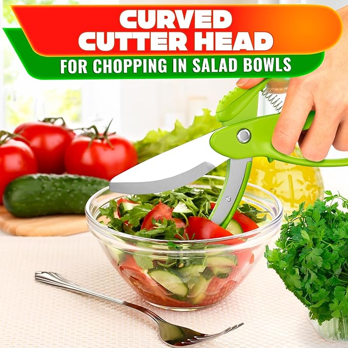 Salad Scissors for Chopped Salad - Effortless Double-Blade Chopping in Bowl, No Knife or Cutting Board Needed - 8.9" Stainless Steel Vegetable Scissors, Safety Lock, Lettuce Cutter Tool for Veggies