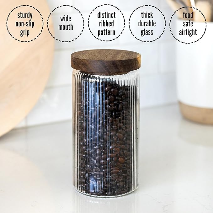Mason & Fable Ribbed Glass Jar, Stackable & Airtight Wooden Lid- Storage Canister for Cookies, Treats, Tea or Sugar - High End Look for Kitchen, Pantry, Bar or Bathroom -27 fl oz, Single