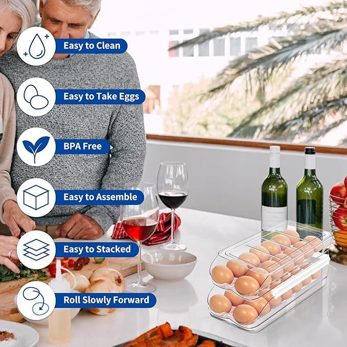 MesRosa Egg Holder for Fridge, Automatic Rolling Egg Organizer for Refrigerator, Clear Plastic Egg Container & Tray, Stackable Dispenser and Storage with Sturdy Lid to Saving Space -1 Layer