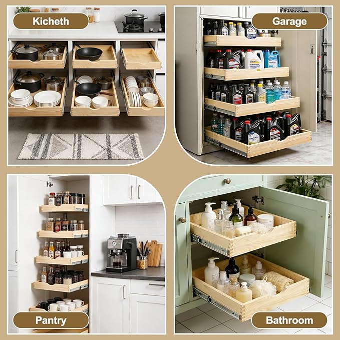 17" Pull Out Cabinet Drawer (Fits 18" Cabinet Opening), Wood Slide Out Cabinet Shelf Organizer with Ball Bearing Slides, Clear Lacquer Finish, Heavy Duty Kitchen Cabinet Pull Out Shelves