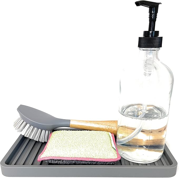 Silicone Kitchen Sink Organizer Tray, Sponge Holder and Countertop Protector | Bathroom and Kitchen Soap Dish and Dispenser Tray (Grey, 10"x5.25")
