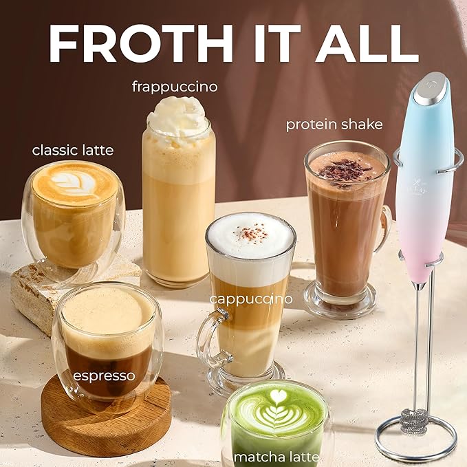 Zulay Kitchen Powerful Milk Frother Wand With Duracell Batteries - Ultra Fast Handheld Drink Mixer - Electric Whisk Foam Maker for Coffee, Lattes, Cappuccino & Matcha - Triple Whisk - Orchid Bloom