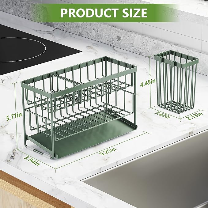 Cisily Sage Green 2-Tier Kitchen Sink Caddy Organzier Rack with Flexible Dish Brush Holder, Sponge Holder for Kitchen Sink Countertop Organization Storage, Home Decor