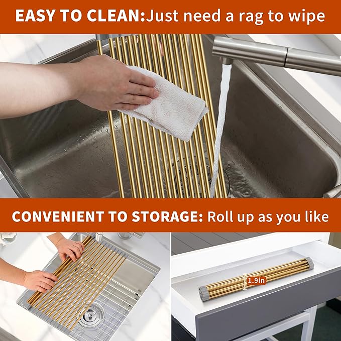 Golden Roll-UP Dish Drying Rack-Large Stainless Steel Dish Drainer Over The Sink for Kitchen Countertop, Applicable for Sink Width Less Than 16.5in (Gold,17.8'x 15.7')