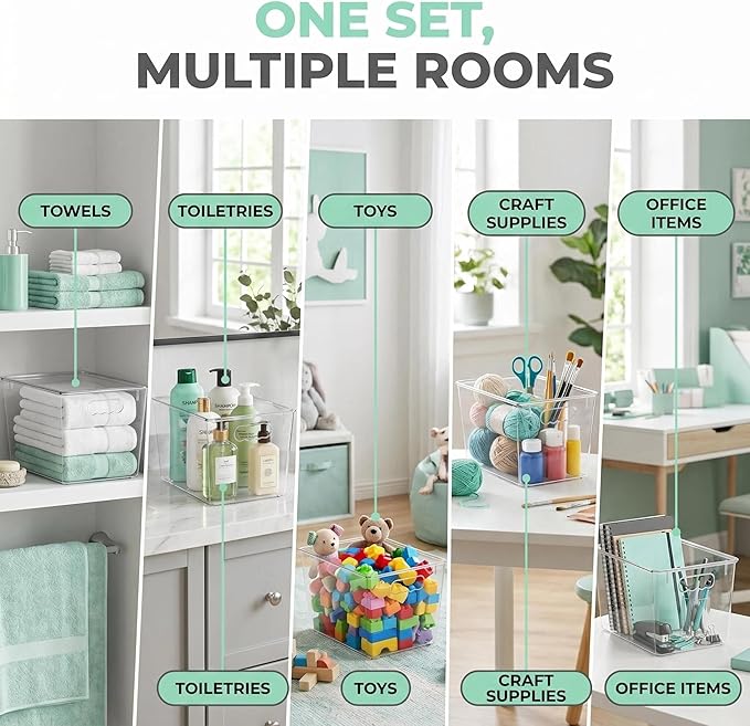 YAN & HIN 4 Pack Clear Storage Bins with Lids, Stackable Plastic Organizer Bins with Handles, Pantry Organizers and Storage for Kitchen Cabinet, Fridge, Bathroom, Closet and Shelf Organization