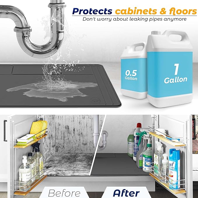 The Original Under Sink Mat - Silicone Waterproof mat, Trimmable, Easy to Clean, Kitchen cabinet liner, Under sink protector mats, Drip Tray with Lip - 34" x 22" or smaller