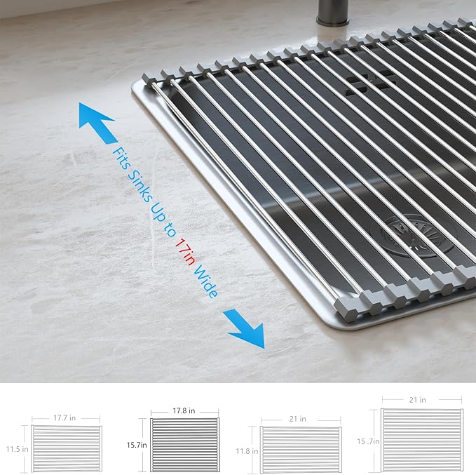 Tomorotec Roll Up Dish Drying Rack Over the Sink Grey Large Dish Drying Rack Rolling Foldable Collapsible SUS304 Stainless Steel Multipurpose Dish Drainer for Kitchen Counter (17.8”x15.7”)
