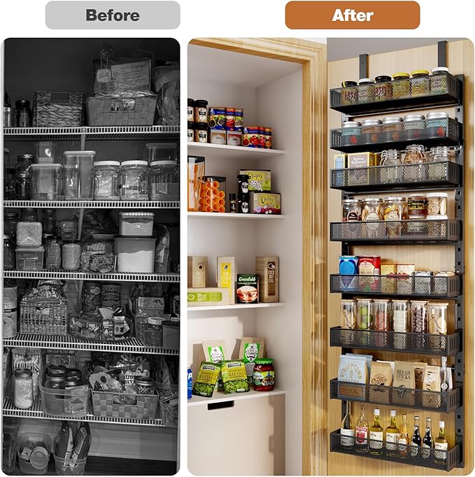 Pantry Door Organizers and Storage,8-Tier Large Wide Metal Heavy-Duty Frame Over the Door Spice Rack, 2 in 1 Wall-Mounted or Hanging shelf for Kitchen, Bathroom, Laundry Room, Bedroom, Closet &Nursery