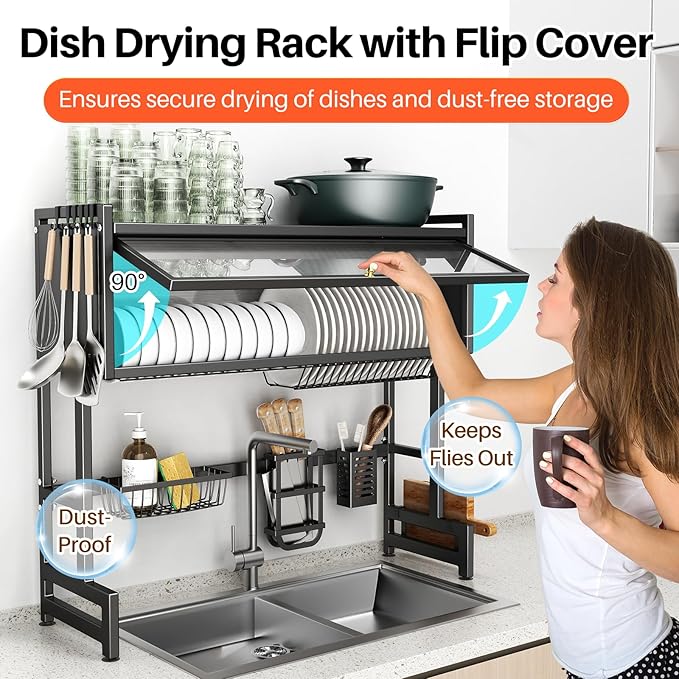 Over The Sink Dish Drainer Drying Rack 3 Tiers with Cover, Keep Kitchen Sink Shlef Organized Space-Saving Dish Drying Rack, Large Stainless Steel Sink Dish Rack for Dishes, Bowls, Cutlery (37.4"w)