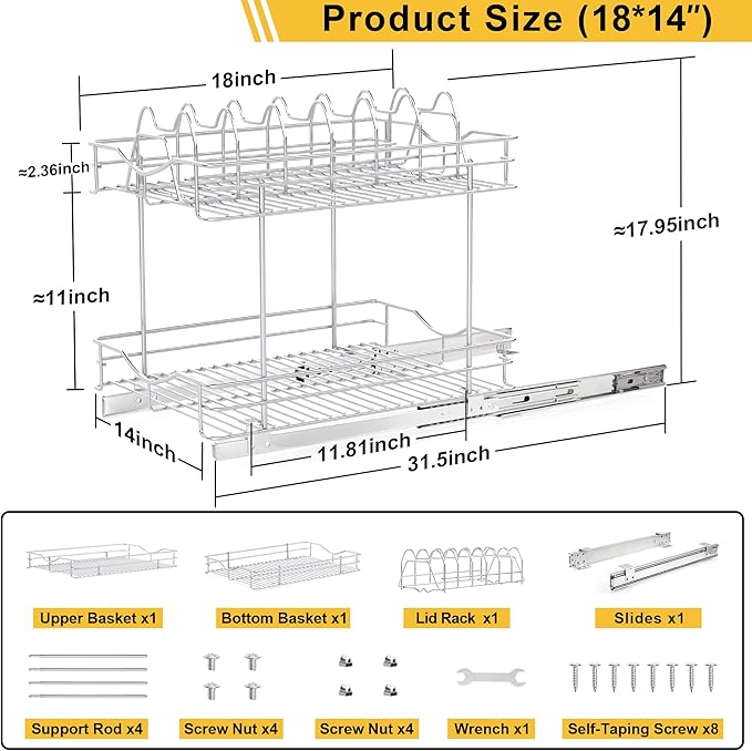 FULGENTE Professional Pull Out Cabinet Organizer Rack for Lid Cookware 14" W x 18" D 2 Tier Slide Out Kitchen Cupboard Under Sink Shelves Storage Pullout Pan Pot Organizer Wire Frame Chrome Finish