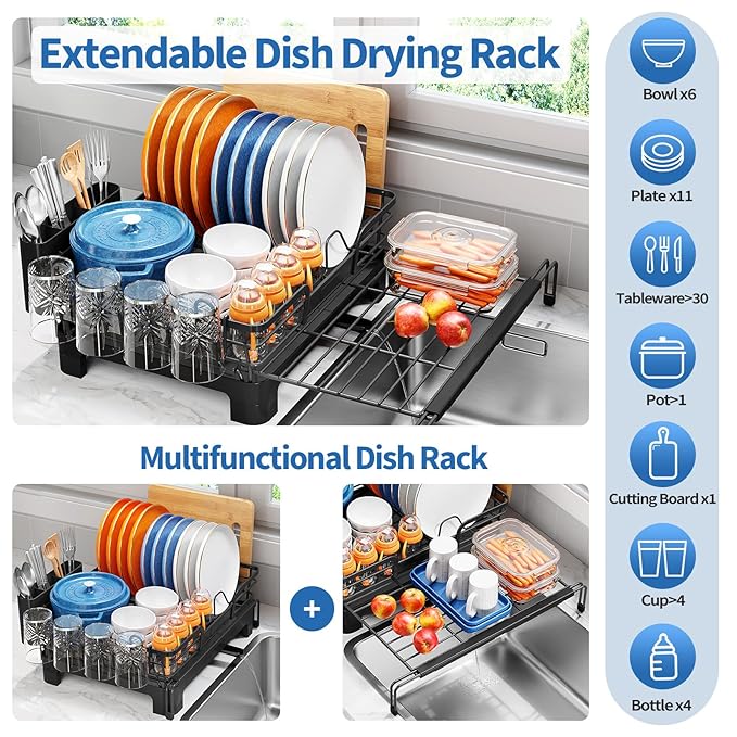 TOOLF Dish Drying Rack - Expandable Dish Rack, Large Capacity Dish Drainer for Kitchen Counter, Stainless Steel Dish Strainer with Cups Holder & Utensil Holder,Black