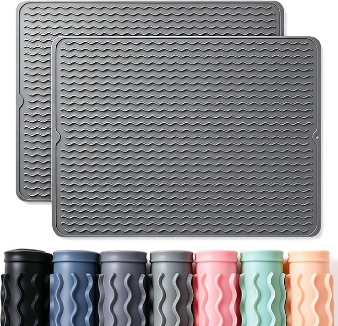 CAKETIME 2 Pack Silicone Dish Drying Mat for Kitchen Counter Coffee Bar Accessories Heat Resistant Waterproof Dining Under Sink Organizers Dog Food mat Must Haves Extra Large 24"x18" Gray