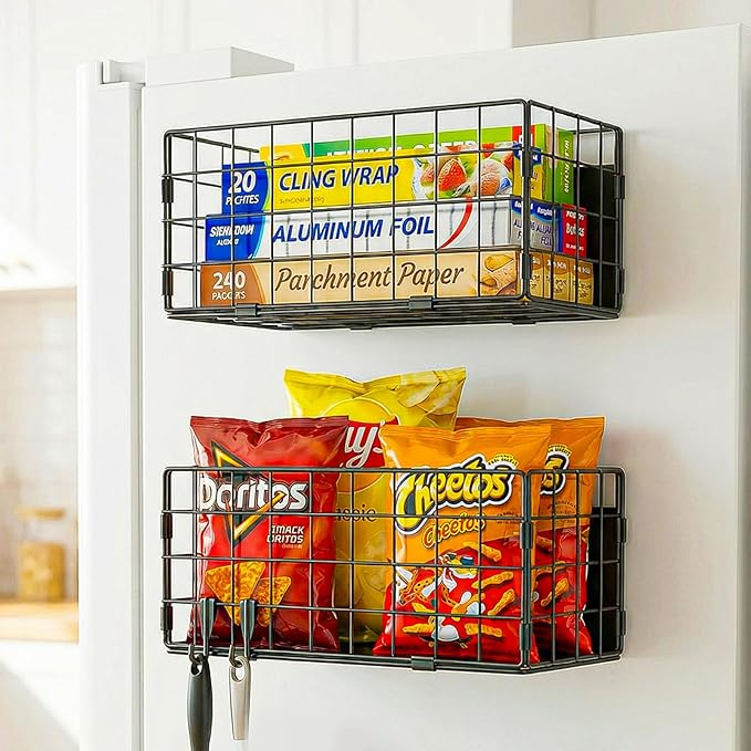 2 Pack Magnetic Basket for Laundry Room & Fridge Side, Large Metal Fruit Potato Onion Storage Bin with Strong Magnets & Hooks, Magnetic Organizer Shelf for Refrigerator
