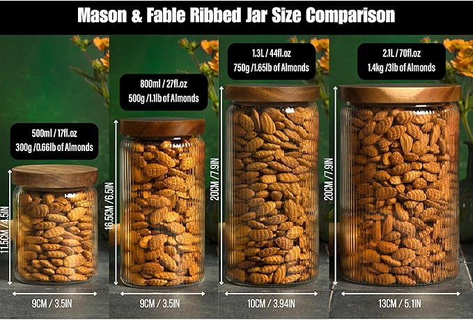 Mason & Fable Ribbed Glass Jar with Wooden Lid 70fl.oz- Set of 2 | Airtight Fluted Storage Container for Cookies, Pasta, Coffee, Dog Treats, Snacks | Organization Canisters for Home & Kitchen