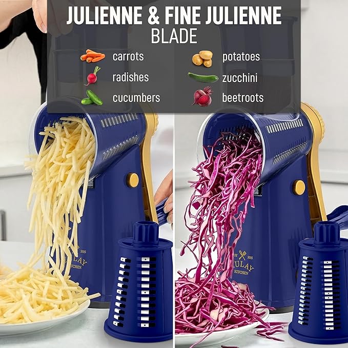 Zulay Kitchen Rotary Cheese Grater 5 Blade Cheese Shredder - Manual Hand Crank Cheese Grater With Reinforced Suction & 5 Interchangeable Drums - Easy to Use, Vegetable Chopper Round Mandoline Slicer