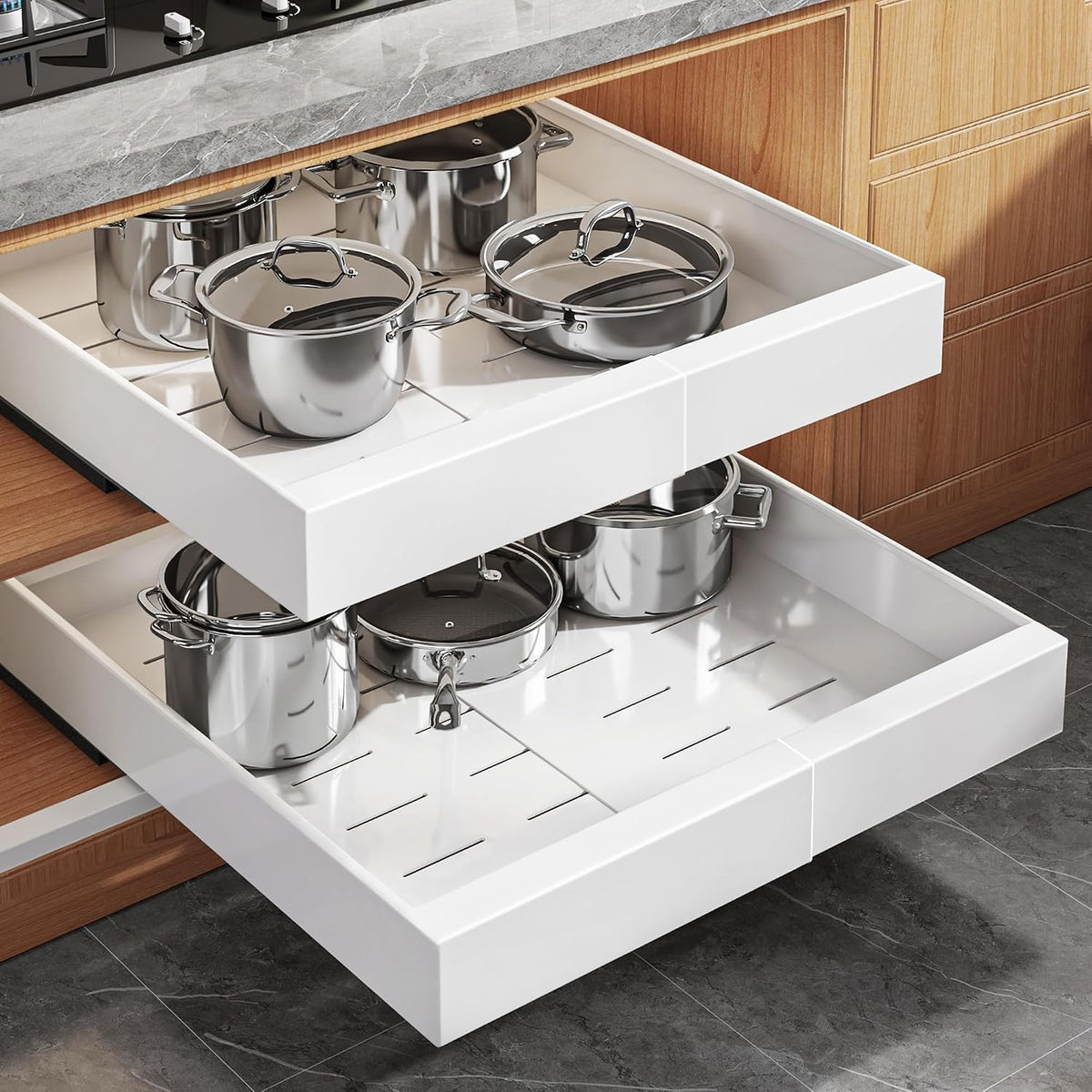 2Pack Expandable Pull Out Cabinet Organizer 21"Deep With Raising Pad for Framed Cabinets, Upgrade 3 Slide Rails Slide Out Drawers, Roll Out Shelves Adhesive,Adjustable Width 12.05"-20.4"White