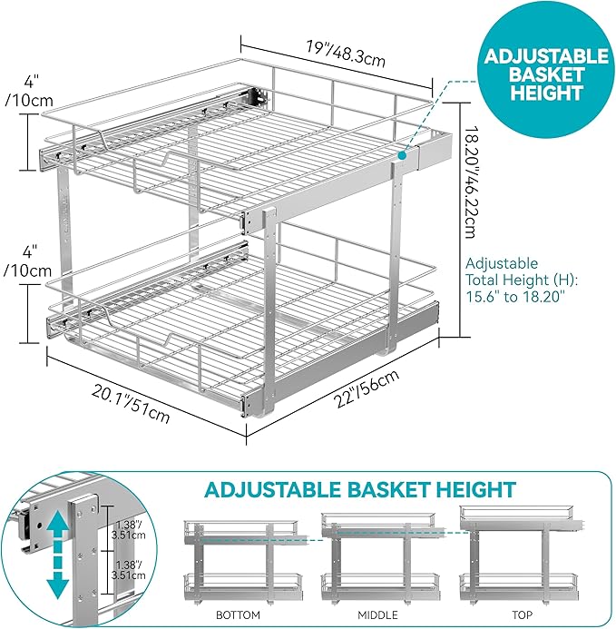 2 Tier Pull Out Cabinet Organizer 20" W X 22" D, Slide Out Drawers For Kitchen Cabinets, Pull Out Drawers For Cabinets Capacity Heavy Duty Caddy, Cabinet Pullout Shelves Chrome-Plated,Bathroom Pantry