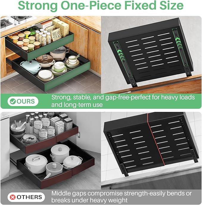 Pull out Cabinet Organizer, 21"Deep, Heavy Duty Full-Extension Slide out Drawers for Kitchen Cabinets with Nano Adhesive, Roll Out Shelf Sliding Cabinet for Pots, Bathroom, Pantry, Under Sink, Black