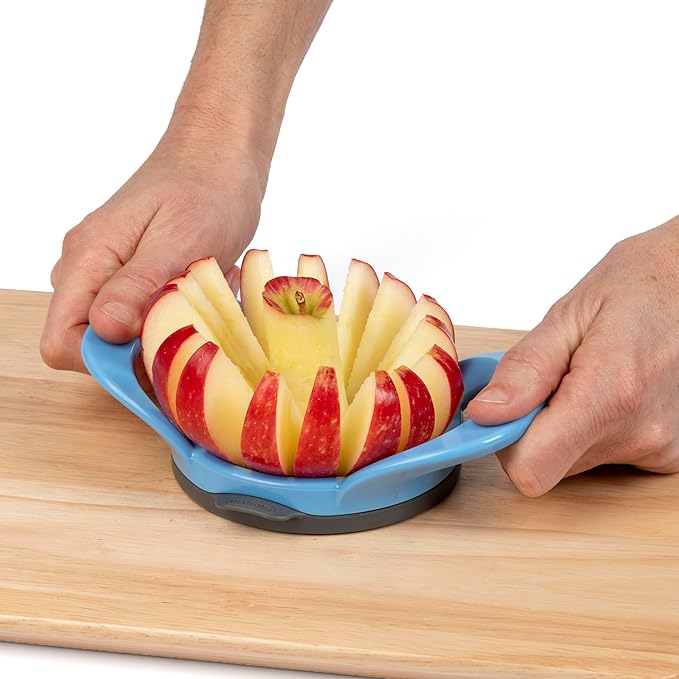 PrepWorks by Progressive Dishwasher Safe 16-Slice Thin Apple Slicer and Corer with Attached Safety Cover (Baby Blue)