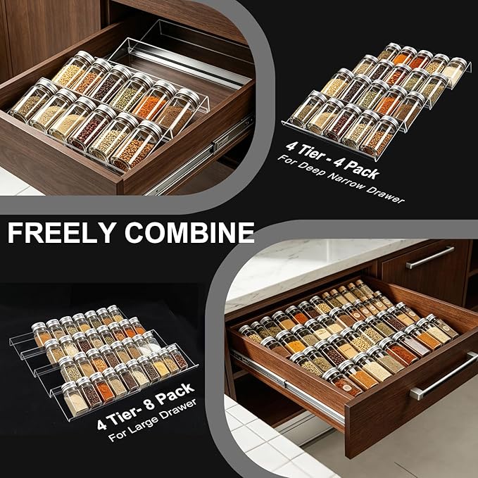 Expandable Acrylic Spice Drawer Organizer – 4-Tier Clear Seasoning Rack Insert for Kitchen Drawers, Adjustable from 9" to 18", Fits Most Spice Jars (Jars Not Included) 8-Pack