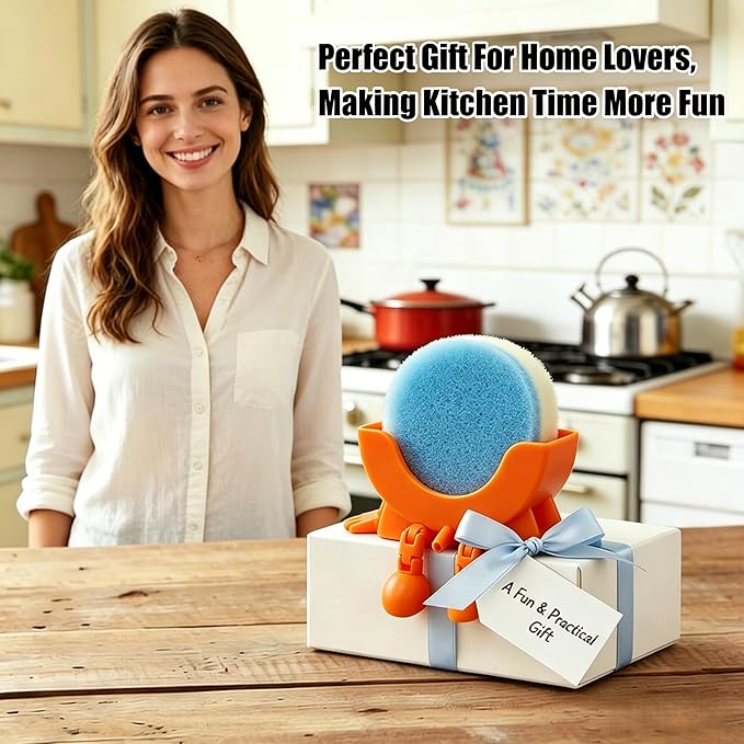 Cute Hanging Sponge Holder with Drainage,3D Printed Kitchen Funny Sponge Stand for Sink,with non-slip pads,Suitable for Scrub Daddy Holder,Keeps Your Sponge Dry Smiling (Orange)