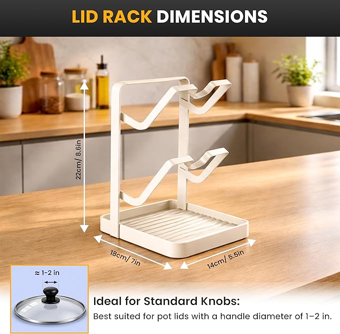 Pot Lid Holder with Removable Drip Tray, Multifunctional Double Layer Pot Lid Organizer for Countertop, Kitchen Pot Lid Storage Rack for Covers, Cutting Boards, Utensils (OFF-White)