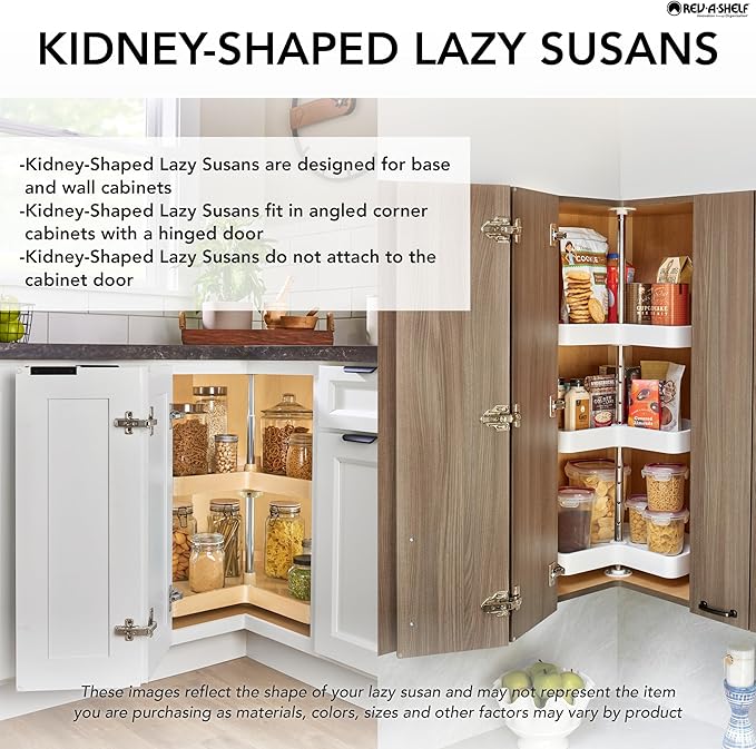 Rev-A-Shelf Dual Shelves Kidney-Shape 32" Lazy Susan Turntable Home Organizer for Diagonal Lower Corner & Base Kitchen Cabinets, Wooden, 4WLS472-32-52